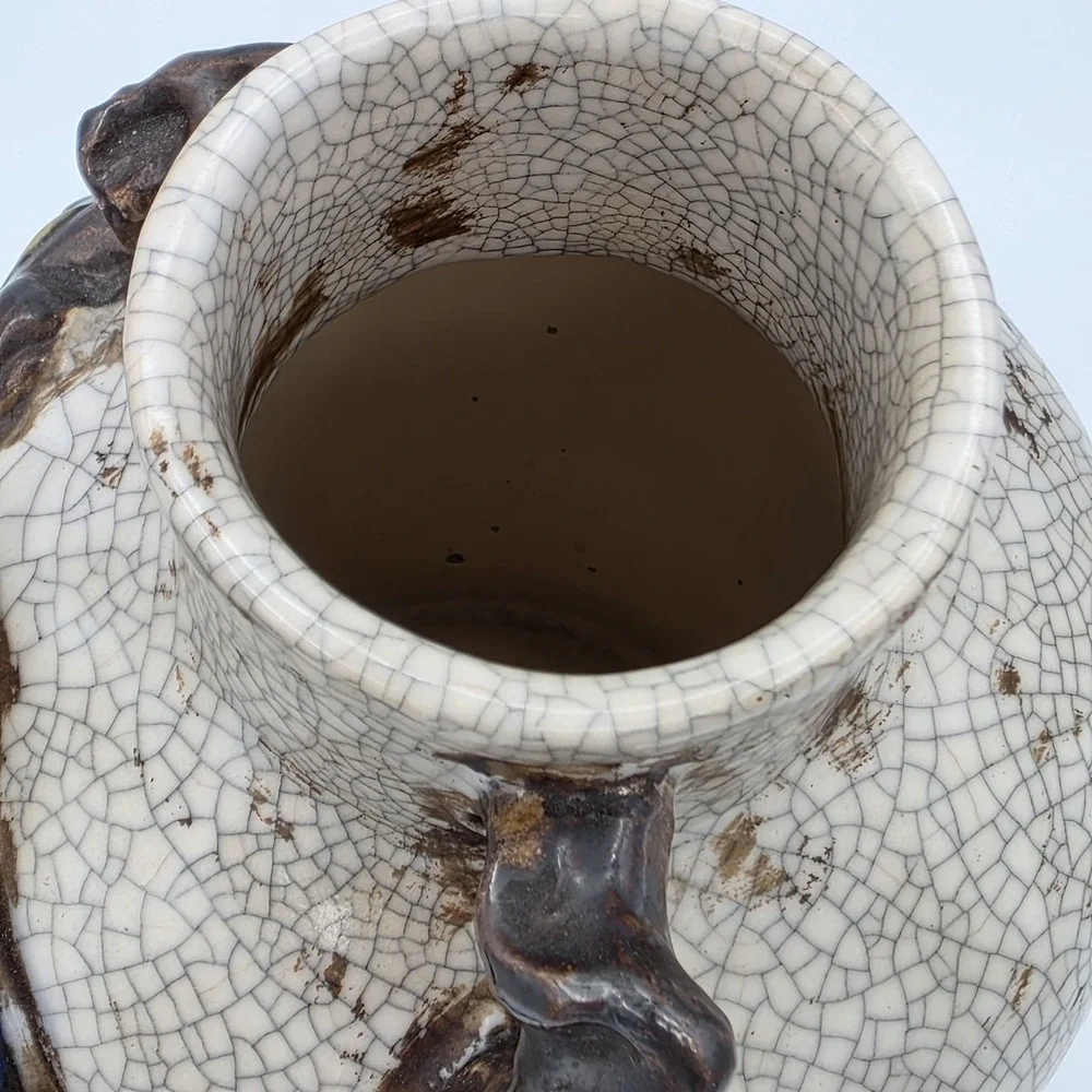 Antique French Barbotine Craquelure Ceramic‎ Vase Bird Olive Branch 19th-20th C